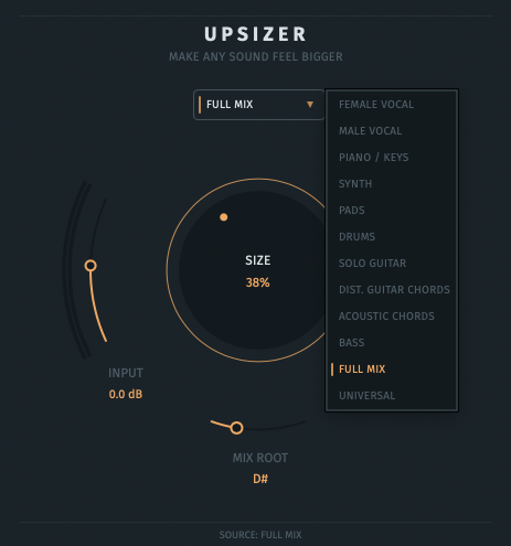 EVA Upsizer FX interface showing the SIZE control, Source Profiles, and BODY TUNE